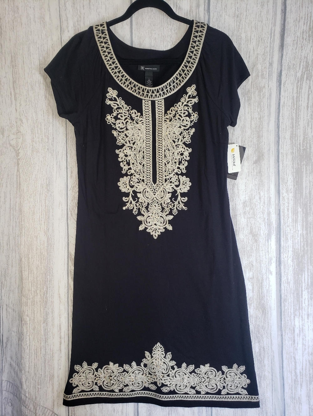 INC International Concepts embroidered black Shift Dress Knee Length Large NWT